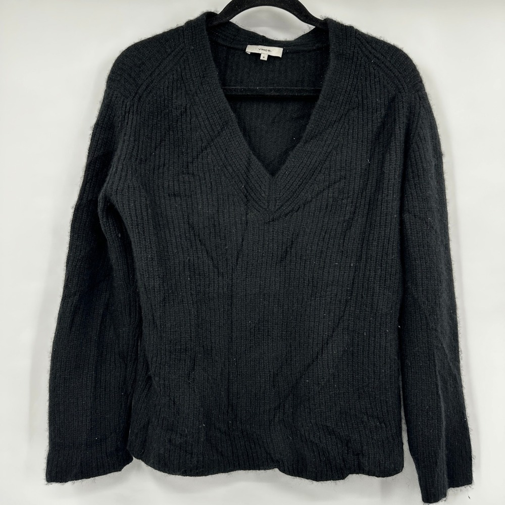 Vince Womens‎ Black 100% Cashmere Ribbed V-Neck Pullover Sweater Size Medium